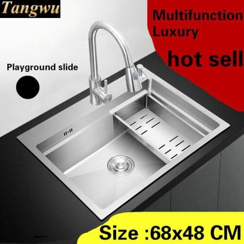 Free shipping Apartment vogue luxury kitchen manual sink single trough sliding board 304 stainless steel big hot sell 68x48 CM
