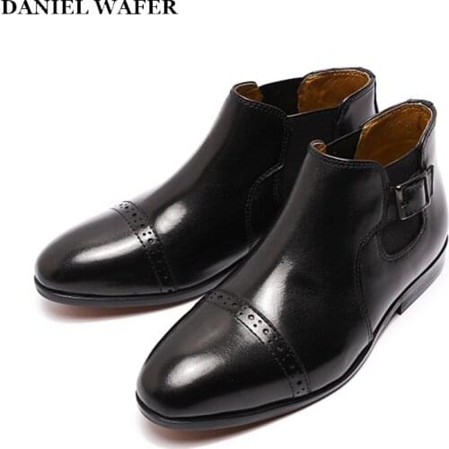 Fashion Design Children Genuine Leather Shoes Black Brown Cap Toe Slip Chelsea Boots Boys Drees School Wedding Party Kids Shoes
