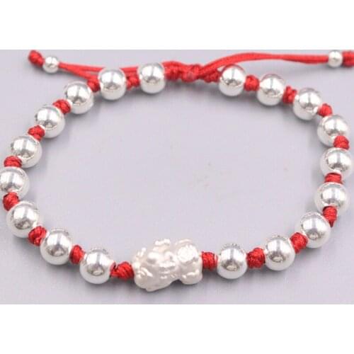 S925 Sterling Silver Bracelet Luck Pixiu Baby with 7mmW Silver Beads with Red Cord Weave Bracelet Gift For Women