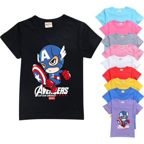 2021 Summer Captain American T-shirt Children Boys Short Sleeves Cartoon Print Pure Color Tees Baby Kids Cotton Tops Girls Cloth