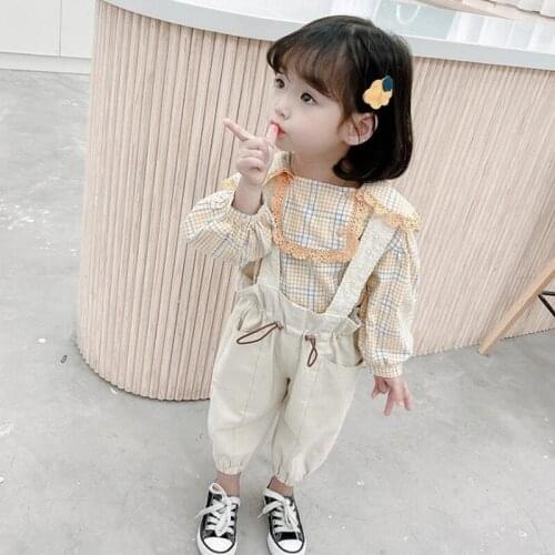 DFXD 1-7Y Fashion Girls Fall Clothes Set 2PC Cotton Kids Outfits Long Sleeve Lace Collar Plaid T-shirt Tops+Solid Overall Pants