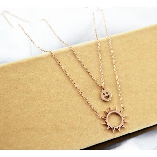 Double Sun Necklace Titanium steel Gold color girls Neck collarbone chain necklace