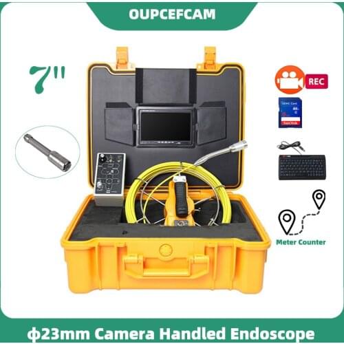 Φ23mm Camera Drain Pipe Sewer Inspection Endoscope System 7 Inch Screen With DVR Keyboard Meter Counter φ5mm Cable Yellow Case