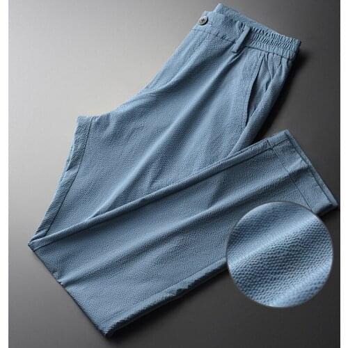 Classic Summer Blue Mens Pants Luxury Solid Color Vertical Stripe Ventilate Male Pants 4xl Slim Casual Mens Trousers