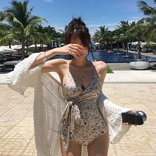 Korean Retro Bikini Cute Push Up Swimsuit Women Fashion Sexy Gathering Triangle Vacation One-piece Girl Swim Suit Beach Cover Up