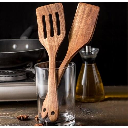 Teak Wood Turner Long Handle Spatula Kitchen Turner Non Stick Cooking Utensils Wooden Spatula Slotted Turner Set Wooden Utensils