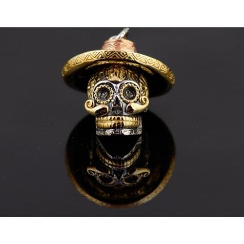 MetJakt Punk Mens Jewelry & Skull with Hat Vintage Pendant Solid 925 Sterling Silver Pendant for Mens Personality Jewelry
