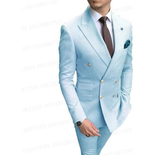 Pop Gold Buttons Men Suit Double Breasted Sky Blue Oversize Tuxedo Green Wedding Groom Dress Suit Business Blazer with Pants Set
