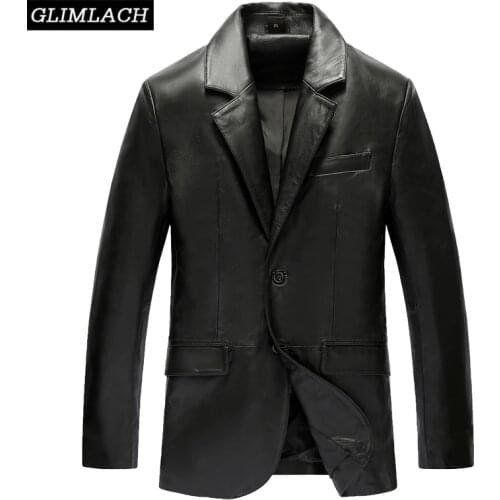 New Autumn Winter Mens Slim Long Blazer Jacket Genuine Real Leather Sheepskin Suits Jacket Coats Double Button Business Casual