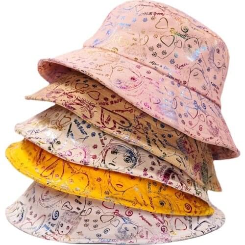 Vintage Bucket-Hats Shiny Letter Heart Print Women Fisherman Cat Cotton Fashion Anti-sun Glitter Panama Hat Street Hip Hop Cap