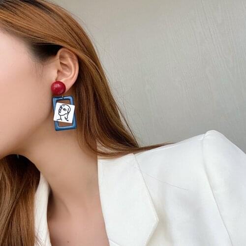 New Fashion Resin Women Avatar Abstract Face Acrylic Pendant Earrings Geometric Rectangular hollow White Jewelry