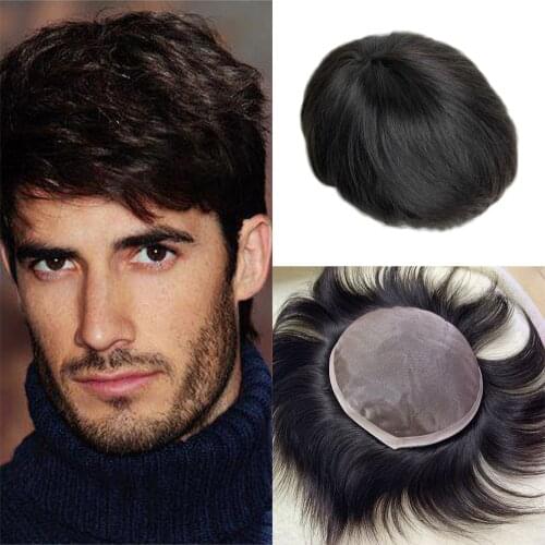 Super Thin French Lace Mens Toupee Pu Around Toupee for Men Hairpiece Human Hair Replacement System Lace Skin Mens Toupee