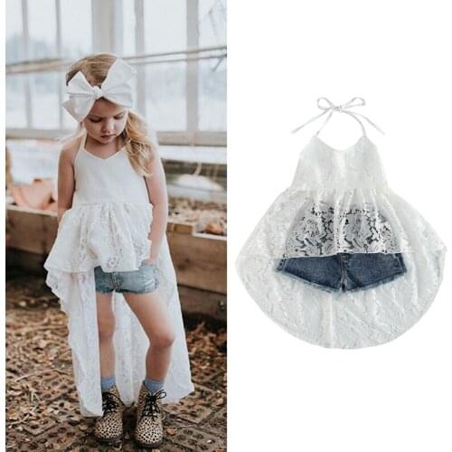 Wallarenear 1-6Years Toddler Baby Girls Fashion 2Pcs Clothing Set Kids Sleeveless Lace Dress Top Demin Shorts For Cute Girl