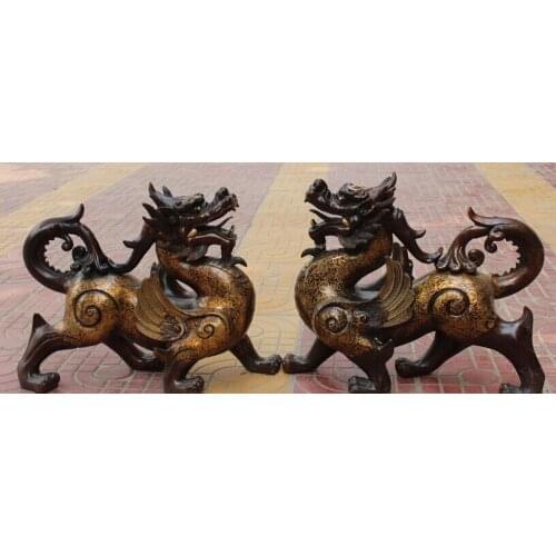 Xd 001761 22" Folk Chinese Bronze Gilt Animal Fly Dragon Beast Kylin Unicorn Chi-lin Pair