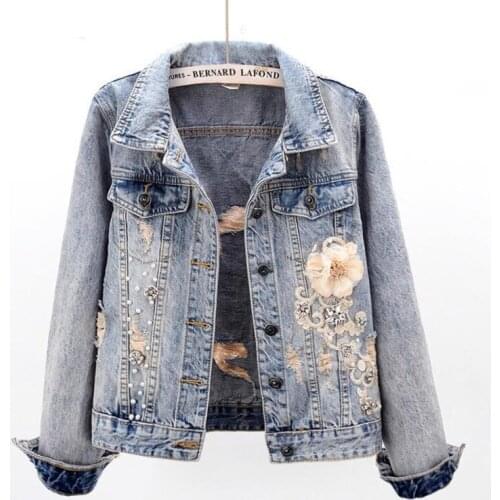 2021 Autumn Womens Denim Jacket New Diamond Flower Long Sleeve Jeans Jackets Girl Short Outwear Vintage Cowboy Tops Female