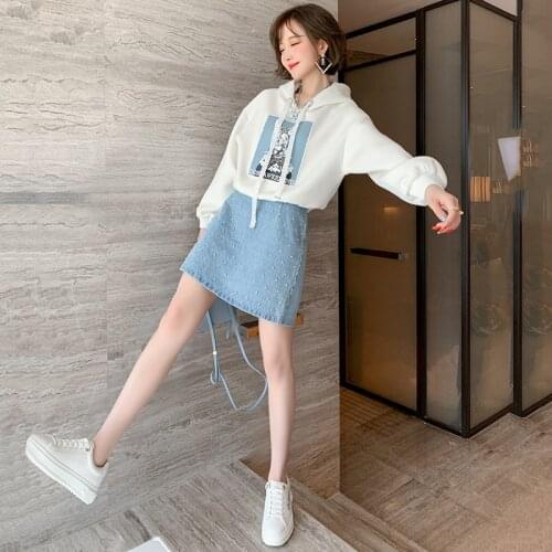 Studded high waist thin A-shaped fashion all-match washed denim skirt female 2020 autumn new