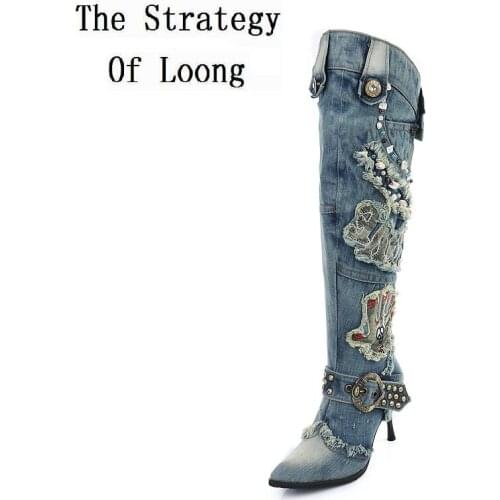 Women denim thin high heels over the knee rhinestone beading boots autumn winter warm jean Knight Gladiator Combat boots sxq0602