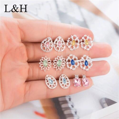L&H 6 Pairs/Set Romantic Cute Statement Stud Earrings For Women Simple Elegant Pink Blue Green Color Crystal Earrings Jewelry