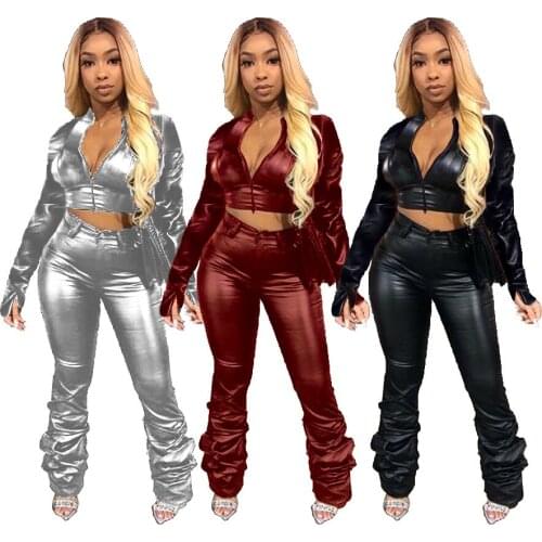 Moto Style Pu Womens Tracksuit Long Sleeve Zipper Crop Tops + Stacked Pants Fitness Two Piece Set Fashion Solid Color Outfits