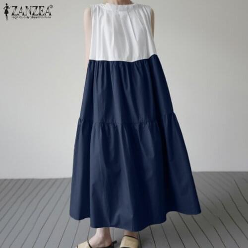 2021 ZANZEA Women Sleeveless Loose Long Sundress Bohemian Summer Maxi Dress Ruffles Patchwork Beach Sarafans Robe Femme Vestidos