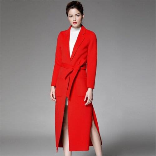 2020 Women Cashmere Long Coat Elegant V-neck Woolen Coats With Belt Open Stitch Design Winter Warm Coat lady red black overcoat