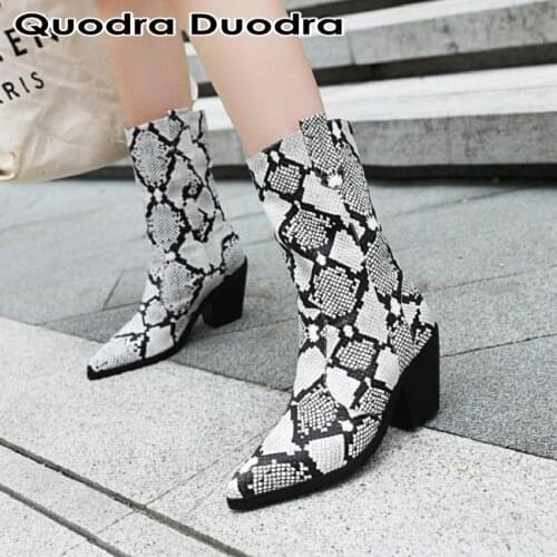 Winter Sexy Fashion Ankle Women Boots Square High Heels Pointed Toe shoes Snake print Female Shoes Slip-on boots Big Size 46
