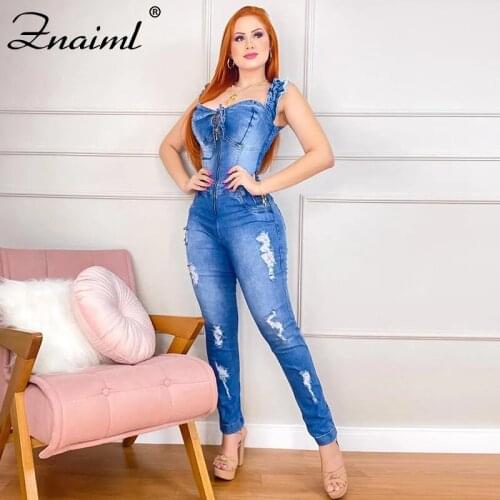 Znaiml Strap Women Denim Jumpsuit Bodycon Sexy Streetwear Casual Zipper Sleeveless 2021 Summer Clothes Wear Club Outfit Body