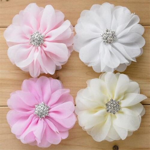 60pcs/lot Fashion Multilayer Plicated Chiffon Flower With Starburst Rhinestone Button Girls Headdress Flower MH69