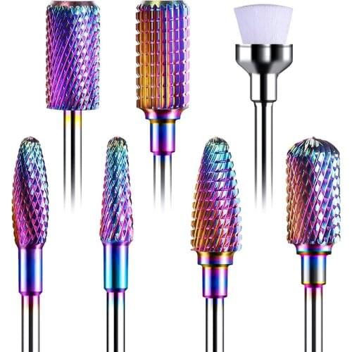 7PCS Nail Drill Bit 3/32" Rainbow Tungsten Carbide Burrs Manicure Bits Drill Accessories Milling Cutter Beauty Nail Art Tools