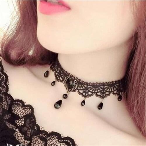 New Collares Sexy Gothic Chokers Crystal Black Lace Neck Choker Necklace Vintage Victorian Women Chocker Steampunk Jewelry