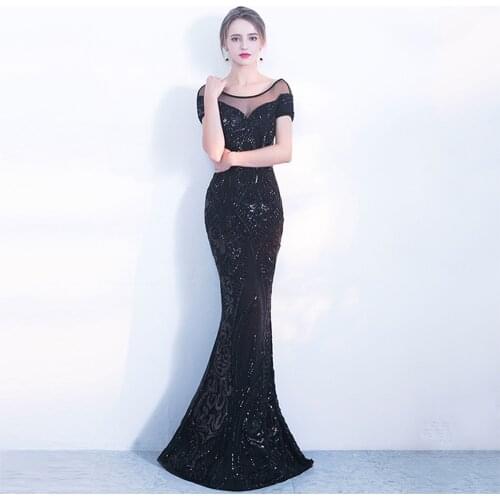 Sequined Evening Dress Banquet Long Elegant Party Dress Cap Sleeve O-neck Robee De Soriee Mermaid Gown Black Formal Dress