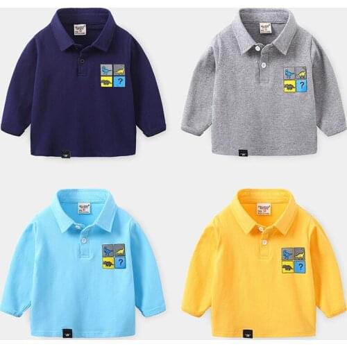 2-7 Y Baby Boys Tshirts Child Korean Solid Long Sleeve Tshirt Fashion Turndown Collar Dinosaur Print Tops For Boy Kids Clothes