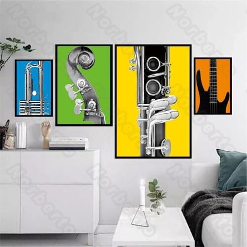Nordic Style Canvas Painting Poster Retro Musical Instruments In Green Orange Blue Yellow Colors for Home Rooms Wall Decoration