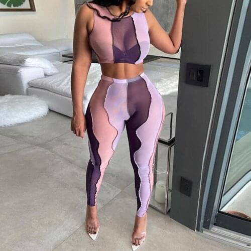 Two Piece Sexy See-through Mesh Contrast Color Casual Sport Set Sleeveless Crop Top & High Waist Pants Suits Ladies Skinny 2pcs