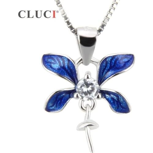 CLUCI 925 Sterling Silver BLue Flower Pearl Pendant Mounting Charms for Women Jewelry Making SP140SB