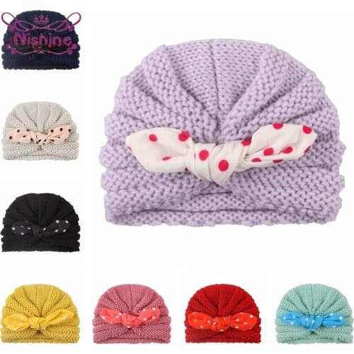 Nishine Fashion Dots Bunny Ears Infant Hats Soft Comfortable Knitting Wool Caps Baby Headwear Hair Accessories Photography Props