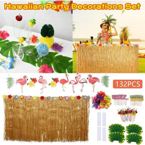 132Pcs Hawaiian Party Decor Set Summer Tropical Luau Grass Table Skirt Pineapple Flamingo Bunting Banner Cupcake Toppers Decor