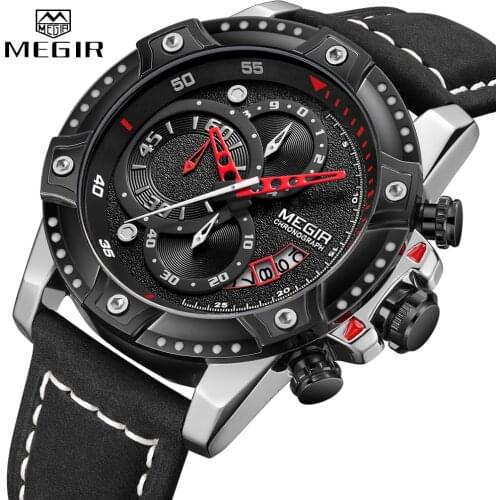 New MEGIR Men Watch Leather Strap Sport Quartz Clock 2021 Fashion Luxury Brand Mens Watches Waterproof Multi-function Wristwatch