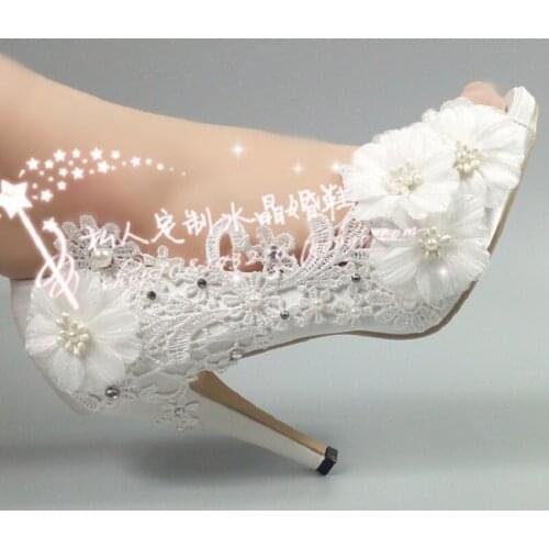New spring fish mouth flower satin lace bridal wedding shoes pearl crystal stiletto banquet dress large size female sandals