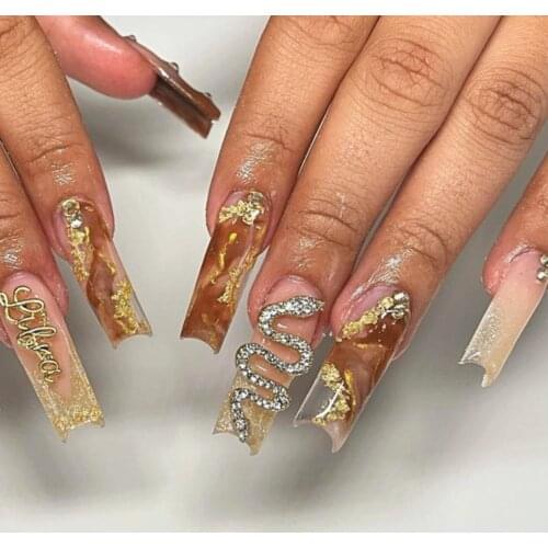 2 Ps Oversized Snake 3D Nail Charm Zodiac Gold Words Metal Crystals Rhinestones For Nails Art Decorations DIY Alloy Nail Diamond