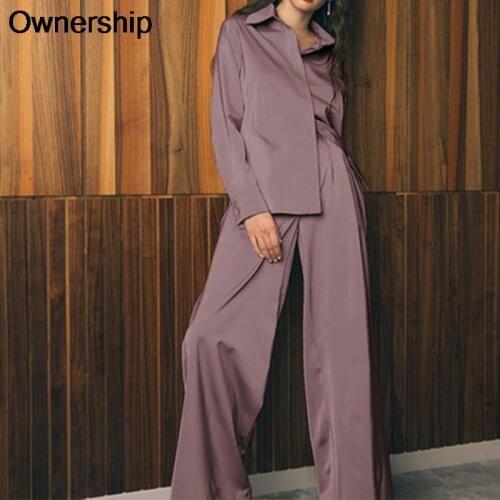 Autumn 2 Piec Suit Set Satin Long Sleeve Buttons Shirt Blouse High Waist Wide Leg Pants Office Work Streetwear Pants Suit Outfit