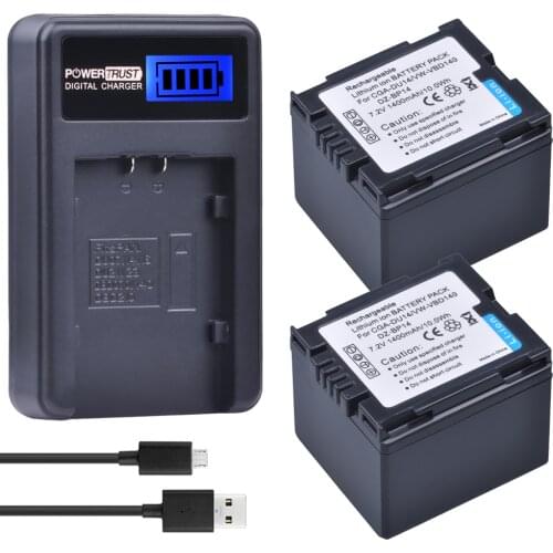 PowerTrust 2Pcs 7.2V CGA-DU14 CGADU14 CGA DU14 Camera Battery + LCD USB Charger For Panasonic DU06 DU07 NV-GS10 VDR-M70/M50