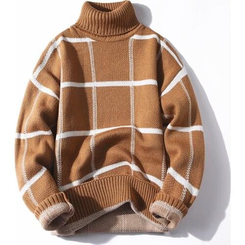 BALDAUREN Autumn Youth Mens Harajuku Sweater Pullover Plaid Wild Loose Turtleneck Sweater Long Sleeve Men