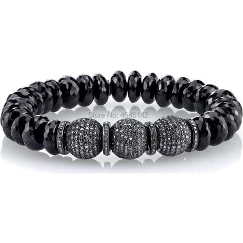 Boho Black Agates Pave CZ Beaded Stretch Bracelet