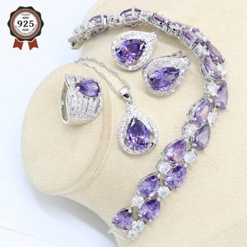 Silver Color Jewelry Set for Women Luxury Purple Zircon Bracelet Hoop Earrings Necklace Pendant Ring Wedding Birthday Gift