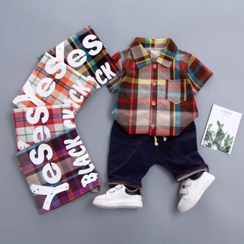Newborn Kids Plaid Shirt Blouse Top+Denim Shorts Toddler Infant Clothing Set Cool Baby Boy Clothes Outfits Casual Suits