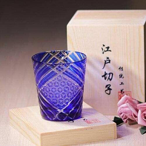 Japanese Style Engraving Whiskey Cup / Hand Cut to Clear Blue Glass Whisky Tumbler 2 Pieces Set