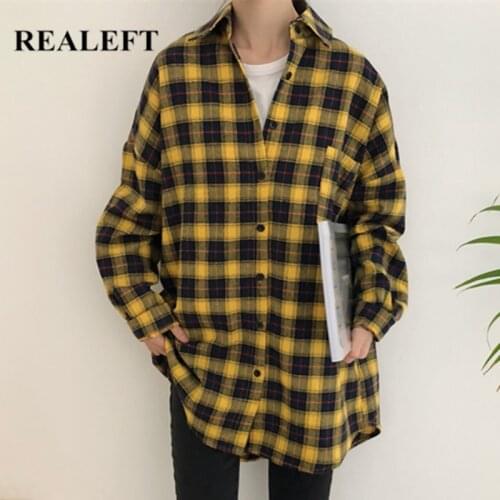 REALEFT One Pockets Vintage Woolen Plaid Womens Tops 2021 New Autumn Winter Casual Loose Female Outwear Turn-down Collar Jacket