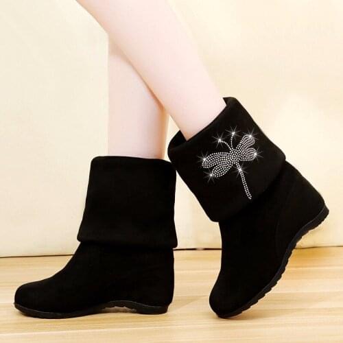 Spring Autumn Boots Women Female Round Toe Mid-calf Sweet Princess Party Boot Stylish Flat Flock Shoes Snow Boots