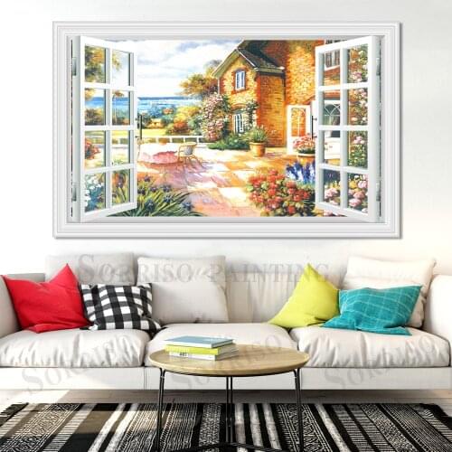 Villa House Countryside Scenery Wall Art Pretend Window Design Canvas Painting Posters Picture Prints Home Living Room Decor